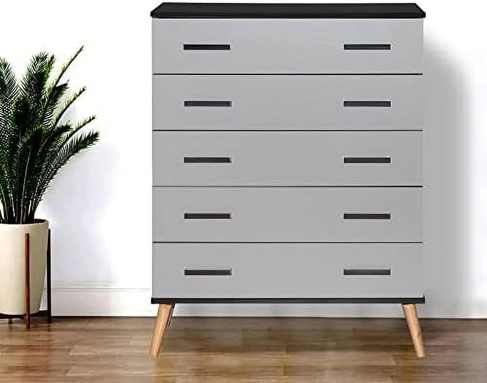 HBBOOMLIFE Eli Mid-Century Modern 5 Drawer Chest Dark Gray & Oak