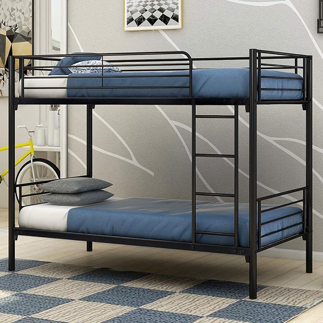 Twin Over Twin Metal Bunk Beds Convertible Bed Frame With Ladder Kids Bedroom