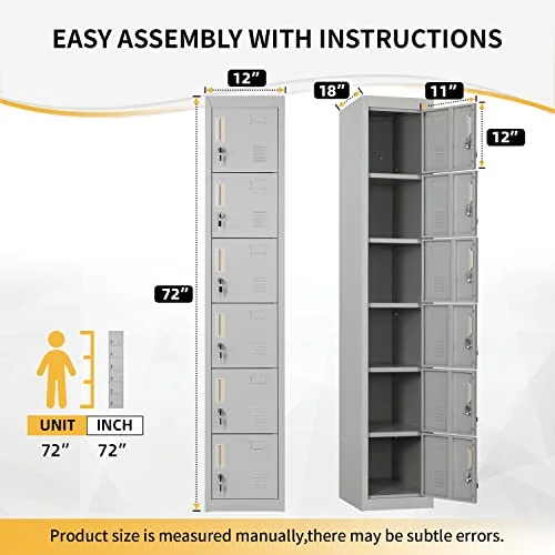 Bonusall Employees Lockers,Metal Office Storage Locker with 6 Door, Tall Steel Lockers with Keys and Lock for School, Gym, Home, Garage, Gray