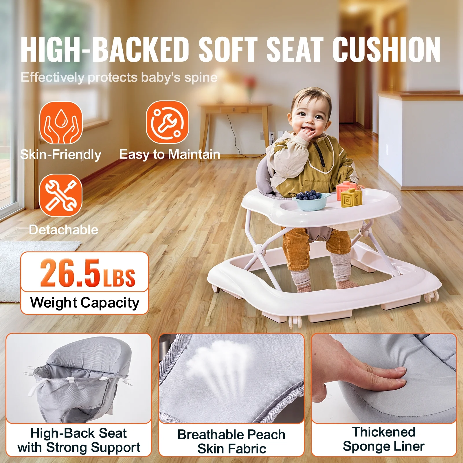 SKYSHALO Baby Walker, Foldable Height Adjustable Baby Walker with Wheels, Infant Toddler Walker with Feeding Tray, Anti-Rollover Activity Walker Helper for Boy Girl 6-12 Months