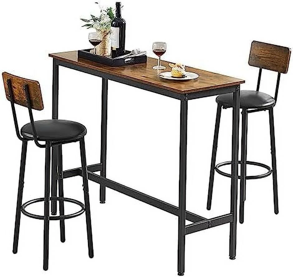 GVJMTKP Table and Chairs Set for 3 Industrial Counter Height Dining Table Set Pub Breakfast Table with 2 Upholstered Stools Metal & Wood Kitchen Table Chair for Small Space Restaurant