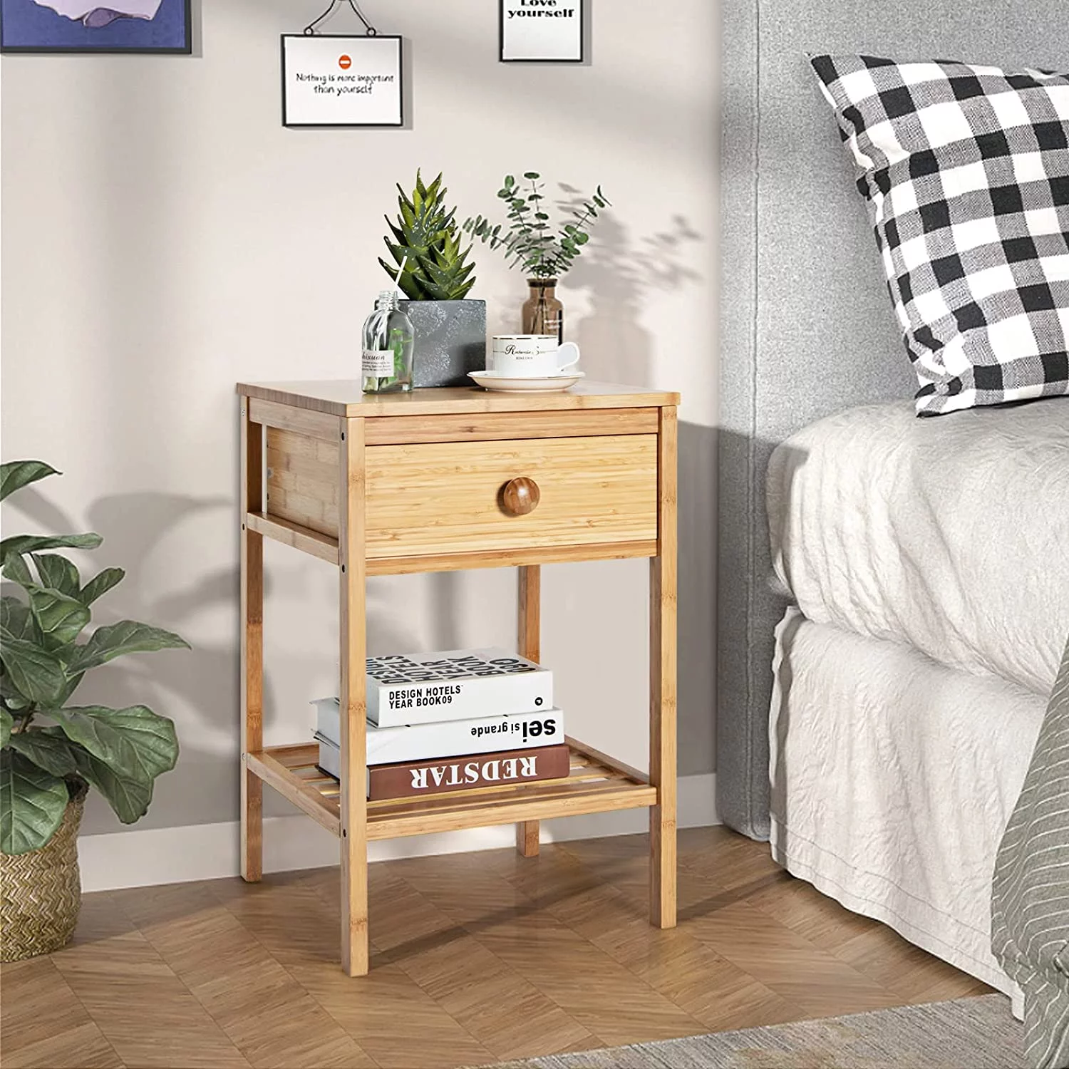 Bamboo End Table, Bedside Table with Drawer & Open Shelf, Multifunctional Side Table for Small Spaces, Accent Sofa Side Table for Living Room, Bedroom, Easy Assembly, Natural