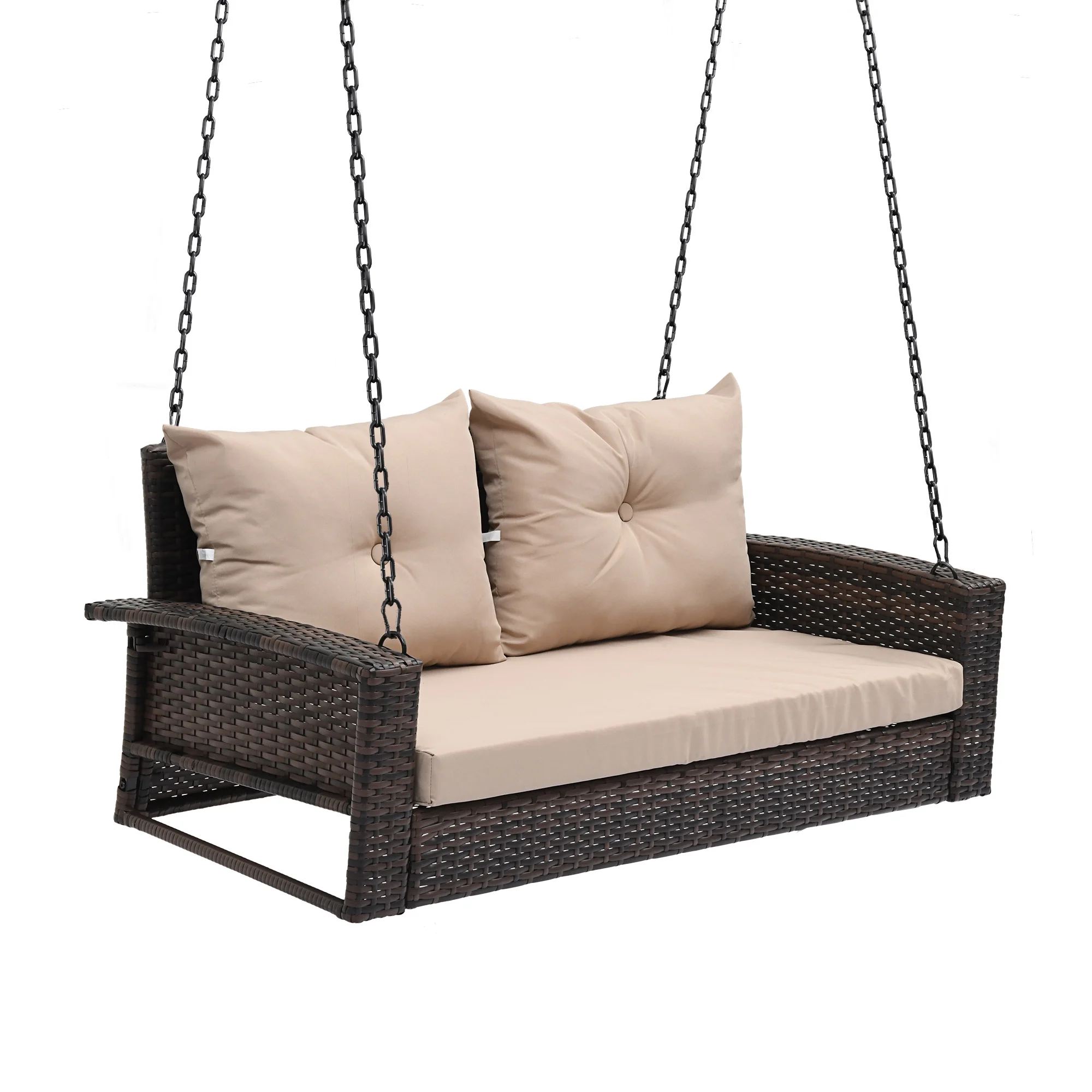 ModFusion Wicker Hanging Porch Swing Outdoor Patio with 2 Back Cushions Supports up to 540lbs for Garden and Balcony, Brown Rattan Light Brown Cushion