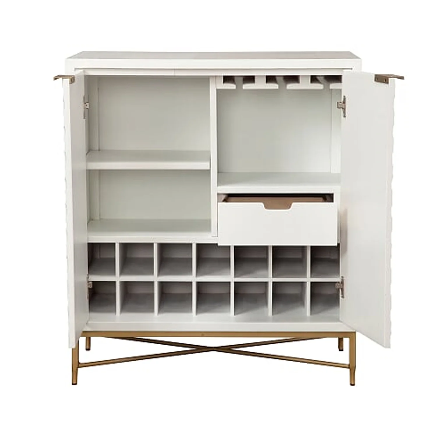 Benjara Honeycomb Design 2 Door Bar Cabinet with Metal Legs, White