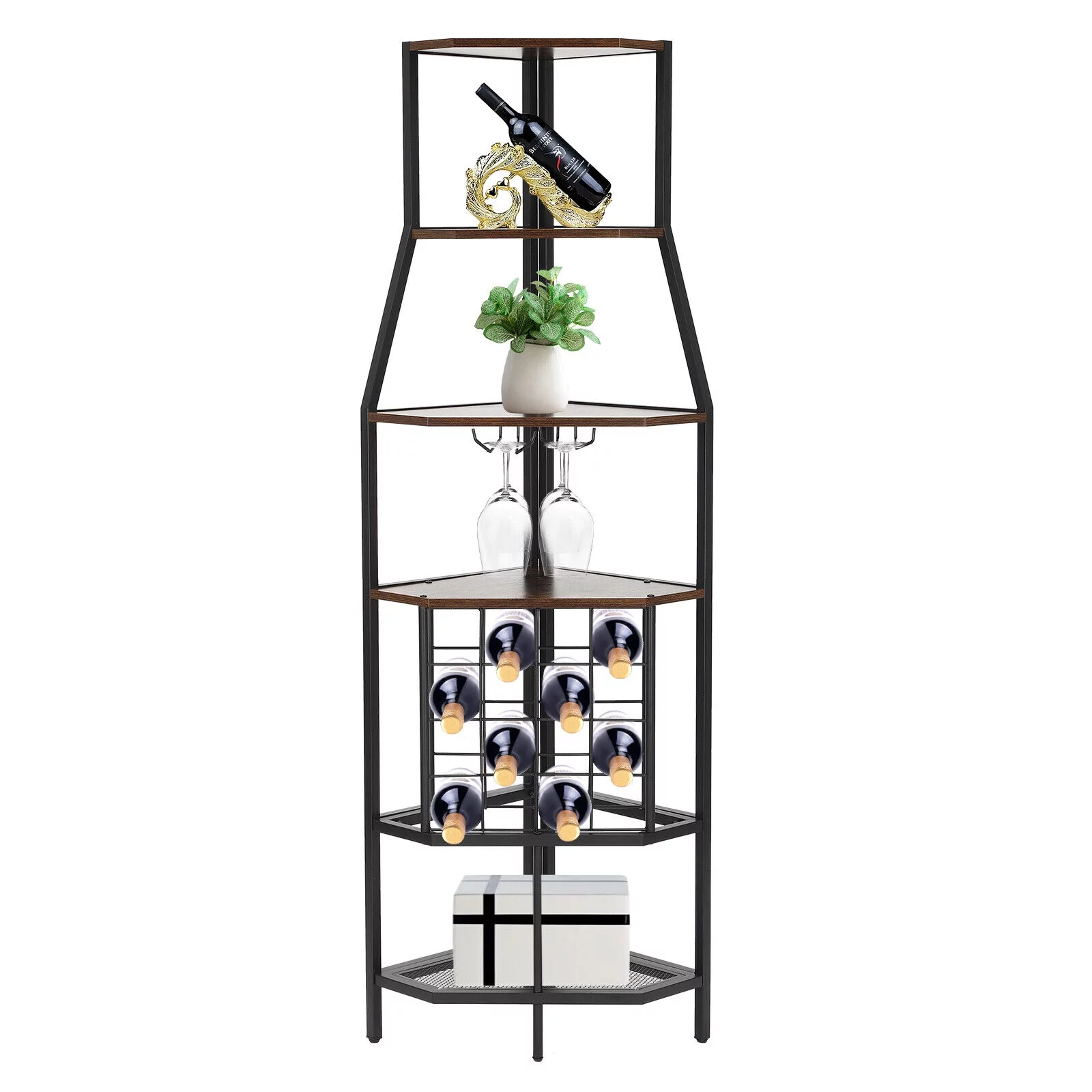 5-Tier Corner Wine Rack W/Glass Holder+Storage Shelf Industrial Corner Bar Shelf Triangle Corner Shelf (Brown/Gray)
