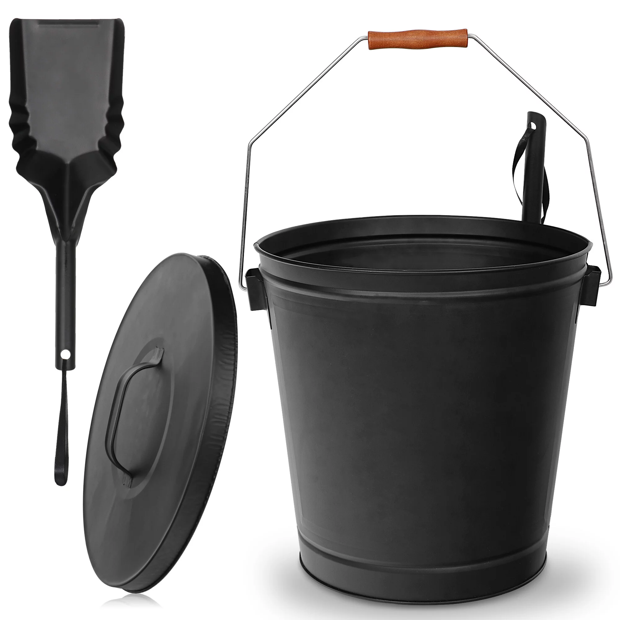 HomGarden 5.15Gal Large Ash Bucket W/ Lid & Shovel, Coal Pail for Fireplace Wood Burning, Black