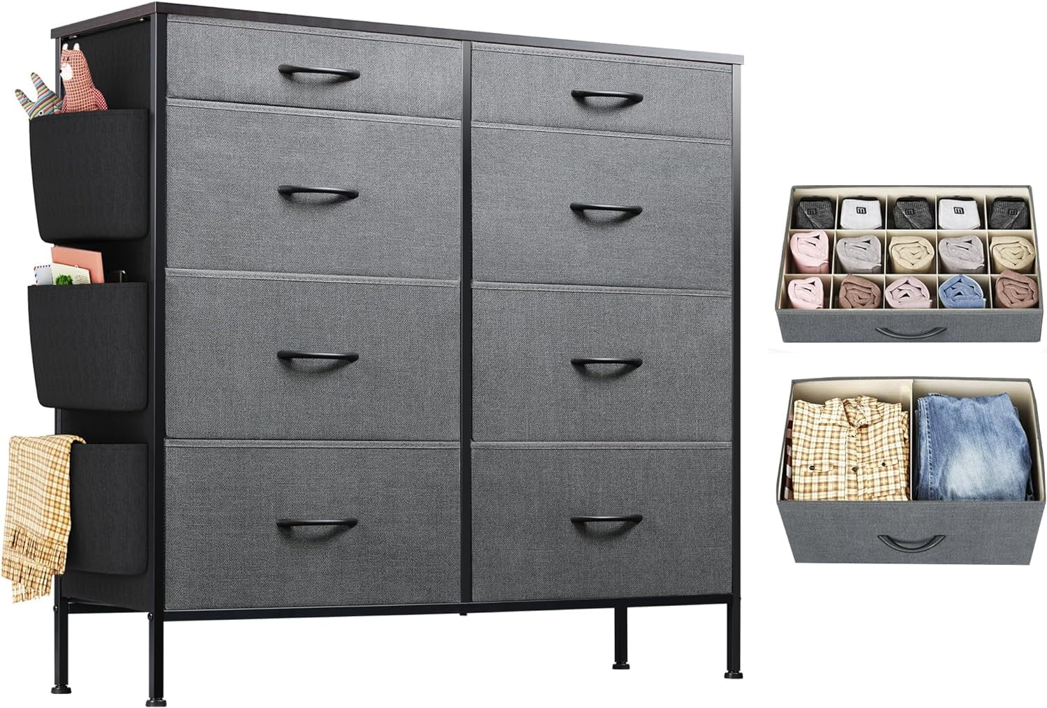 Dresser for Bedroom with 8 Drawers, Tall Storage Tower with Drawer Organizers, Side Pockets and Hooks, Fabric Dresser, Chest of Drawers for Living Room, Closet, Hallway, Dark Grey