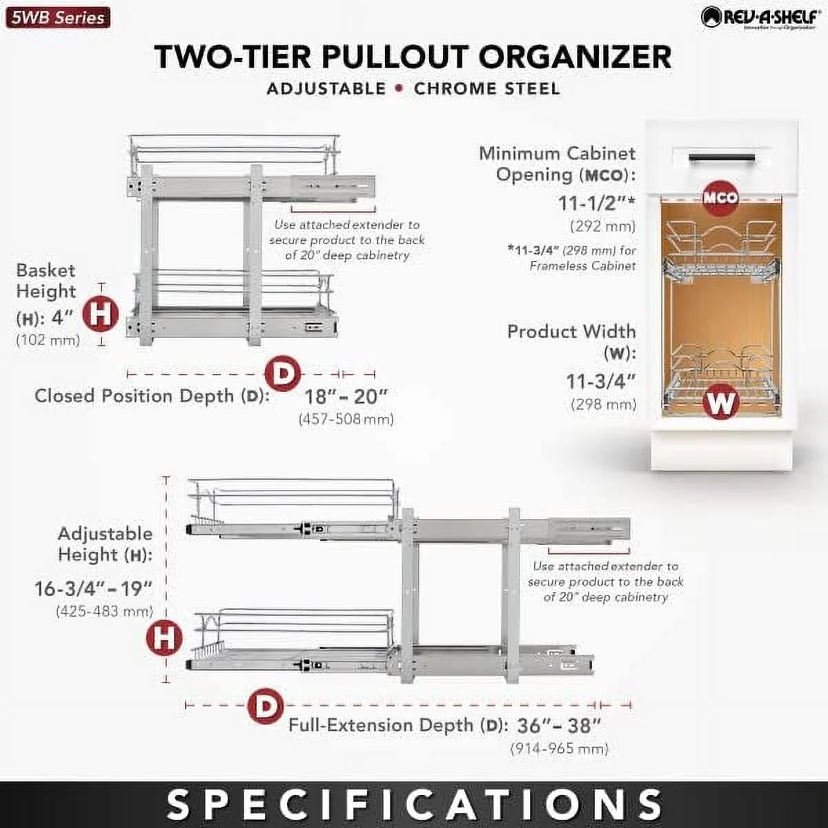 JYHOME 2-Tier Kitchen Cabinet Pull Out  and Drawer Organizer Slide Out Pantry  Basket in Multiple Sizes  12 x 18 In  5WB2-1218CR-1