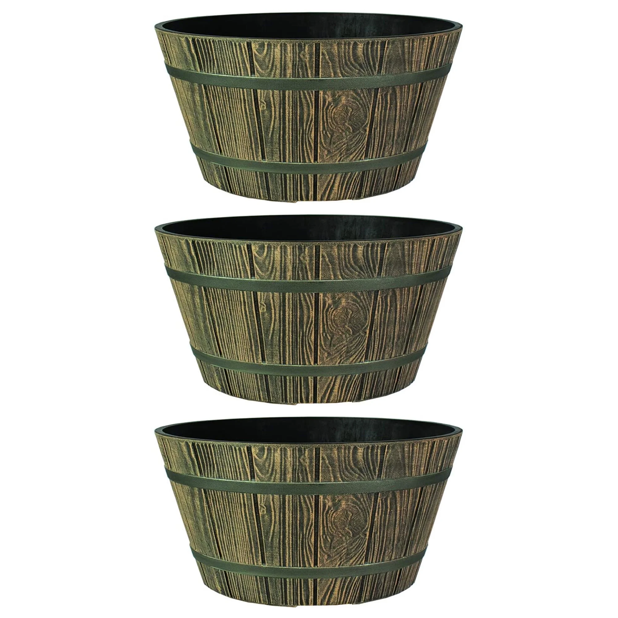 HC Companies 16 Inch Aged Wooden Oak Round Whiskey Barrel Planter (3 Pack)