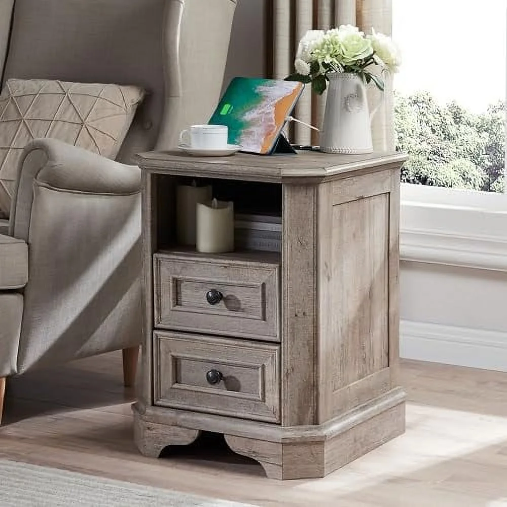 TQJKLFDY Vintage Nightstand with Charging Station  18" Farmhouse End Table with 2 Drawers  Wood   Bedside Cabinet for Bedroom  Living Room (Light Rustic Oak)