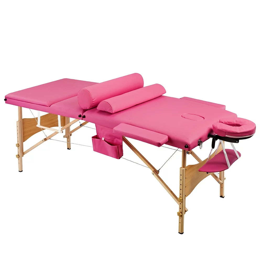 Lowestbest Professional Massage Bed, Folding Massage Table, Portable Massage Table, Wide Height Adjustable 3 Folding Spa Bed, Pink