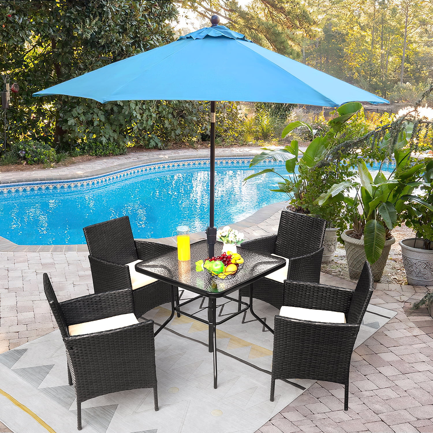 LACOO 5 Seating Capacity Patio Furniture Dining Set Outdoor Wicker Chairs with Tempered Glass Table, Beige Cushion, Metal Frame