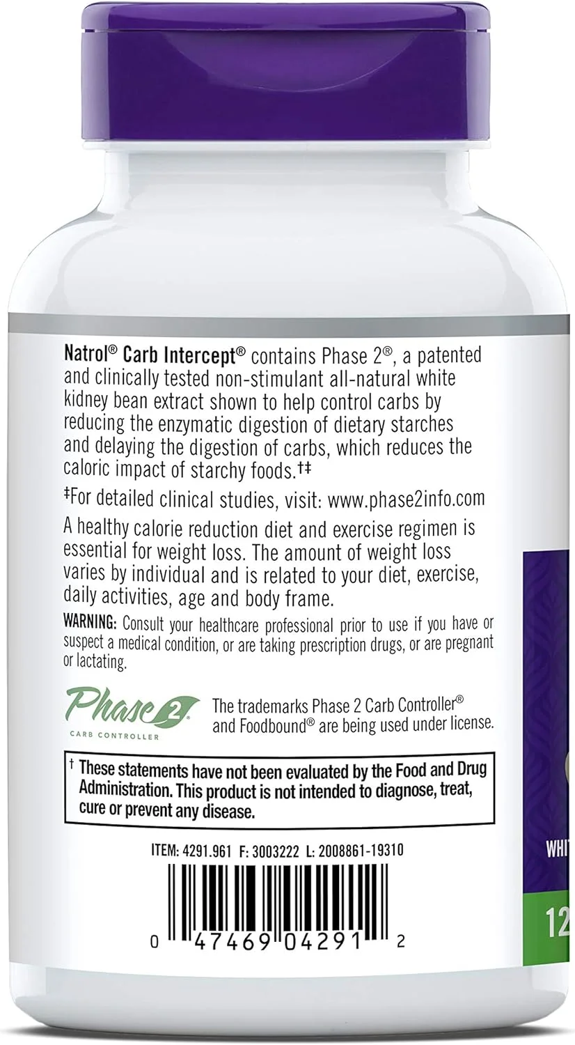 Natrol Carb Intercept with Phase 2 Carb Controller Capsules, White Kidney Bean Extract, Helps Control Carbs, Helps Metabolize Fats, Clinically Tested, Promotes Healthy Body Weight, 1,000mg, 120 Count