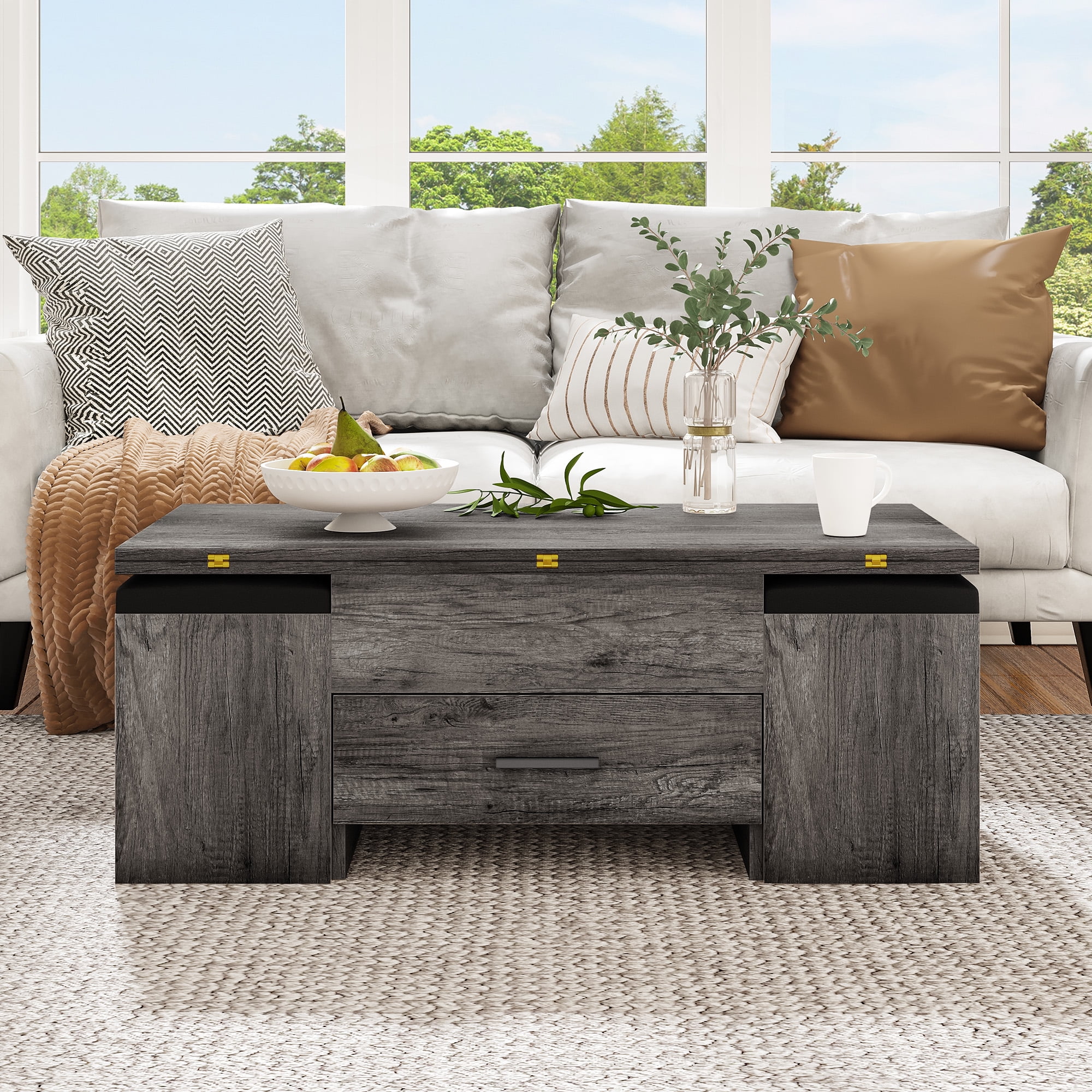 Dextrus Lift Top Extendable Coffee Table, Ingenious Design with 4 Storage Stools, Split Desktop, Concealed Compartment, Sturdy Construction, and Simple Assembly