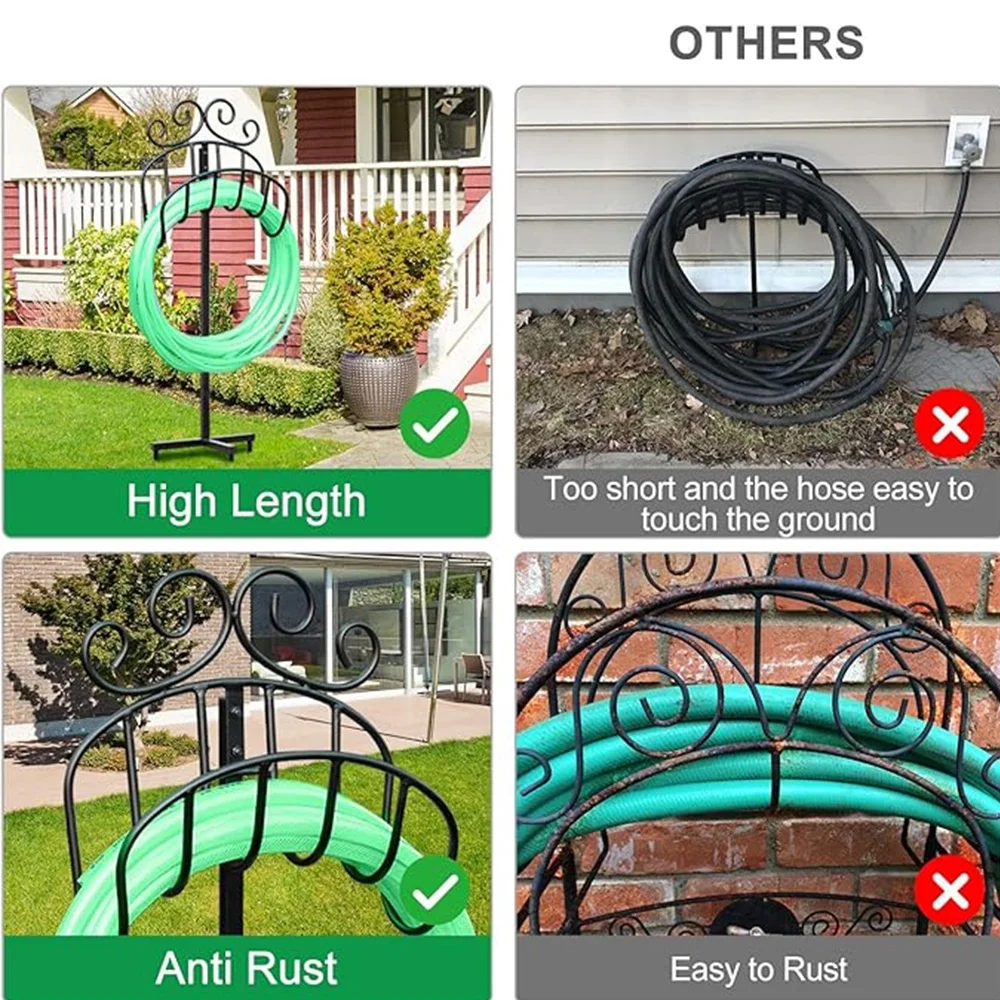 Hose Holder for Outside Freestanding Holds 150ft Heavy Duty Metal Detachable Rustproof Hose Stand Hanger Decorative Water Hose Storage with Ground Stakes Garden Lawn Black