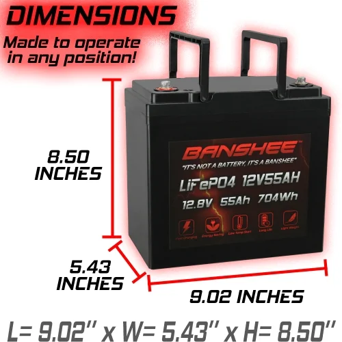 Banshee Li-Iron LiFePO4 12V 55AH Rechargeable Lithium Battery 1280 Wh with Built in BMS Deep Cycle Battery with M6 Insert Terminals