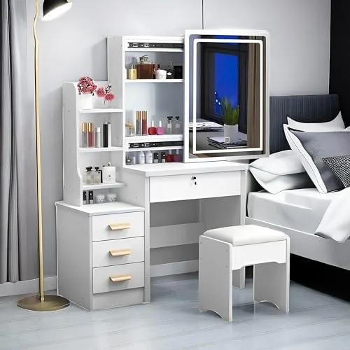 GVJMTKP Vanity Set with Lighted Mirror - 35.4" Large White Vanity Desk with 6 Drawers and Shelves  Hidden  Space Design  Vanity Table  Dressing Desk and Cushioned Stool Set for Bedroo