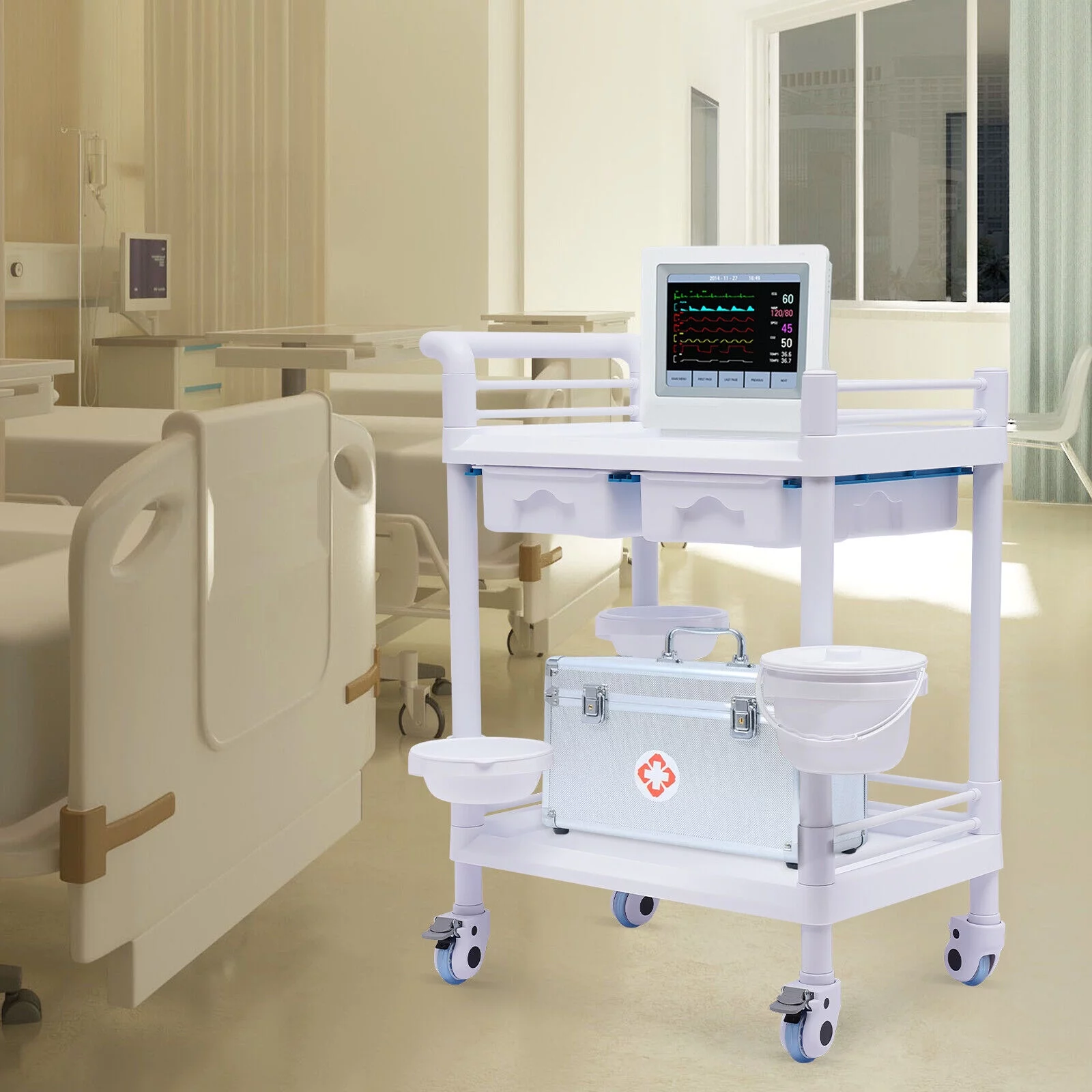 FETCOI Mobile Rolling Trolley Cart Organizer Stand for Hospital Dental Clinic White