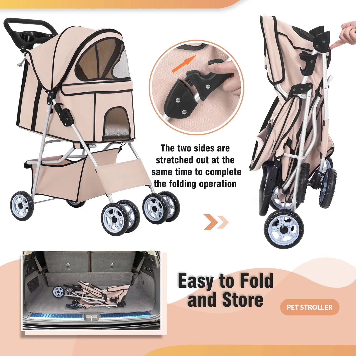 BestPet Pet Stroller Cat Dog Cage Stroller Travel Folding Carrier,Beige