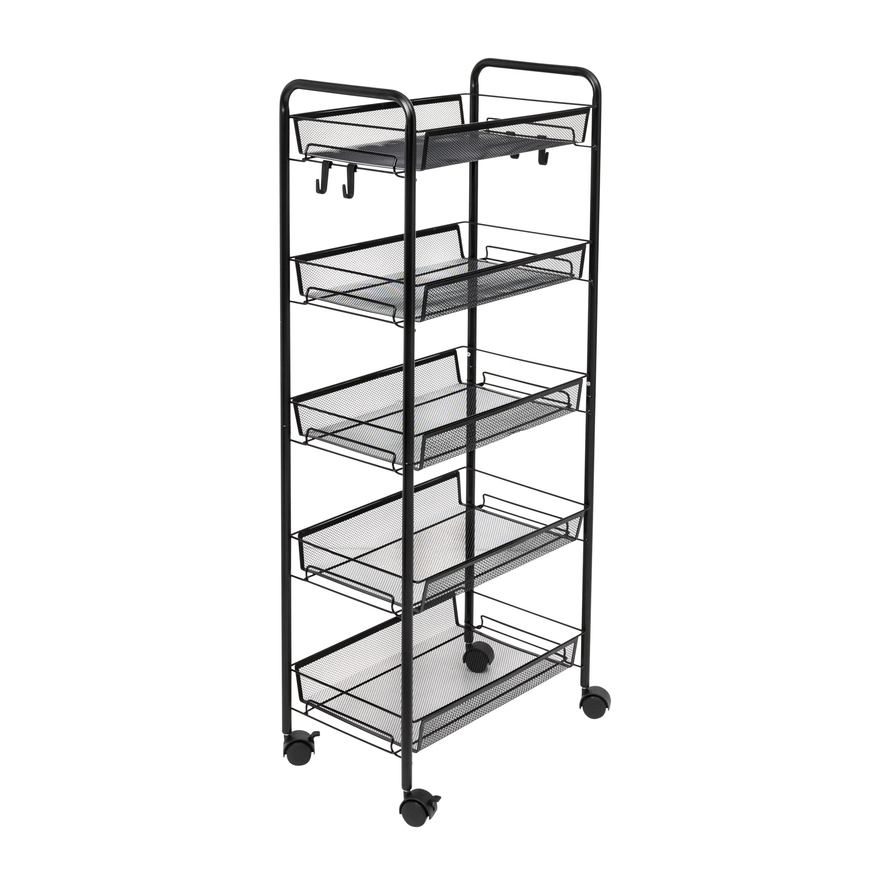 Honey-Can-Do Steel 5-Tier Rolling Storage Cart with 4 Hooks, Black