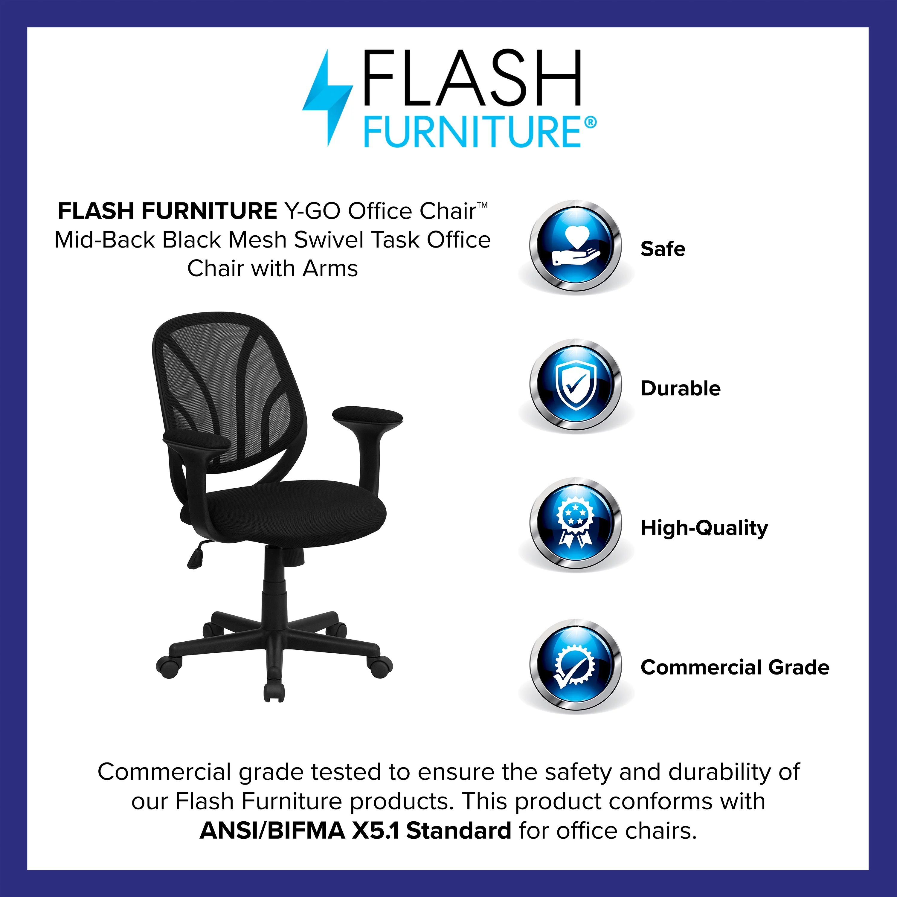 BizChair Y-GO Office Chair™ Mid-Back Black Mesh Swivel Task Office Chair with Arms