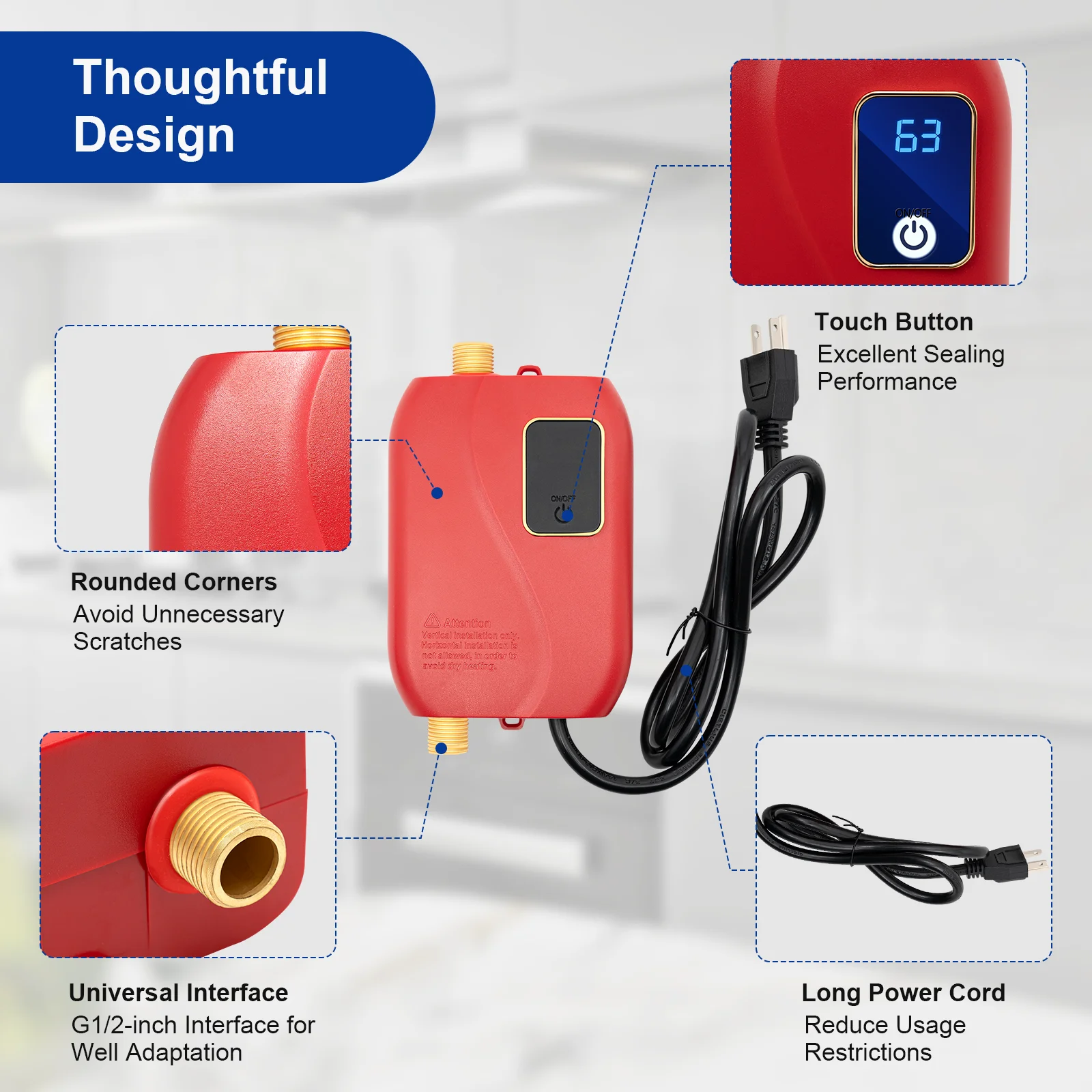 110V 3000W Mini Electric Tankless Instant Hot Water Heater Bathroom Kitchen Red 20-50℃/68-122℉