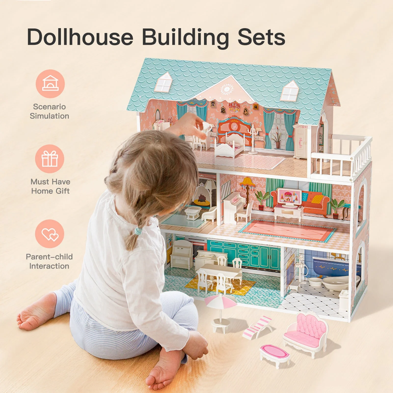 Big Wooden Dollhouse with Furniture Play Set
