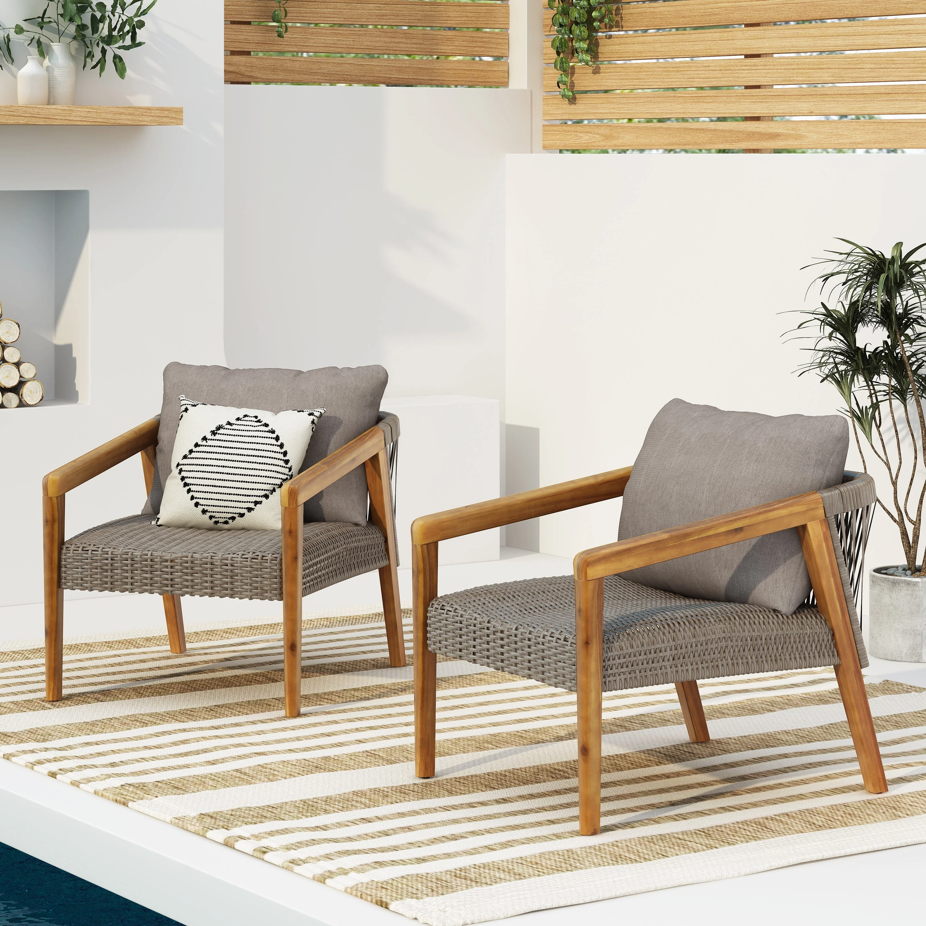 Christopher Knight Home Lochmere Outdoor Acacia Wood and Wicker Club Chairs with Cushion by  Set of 2