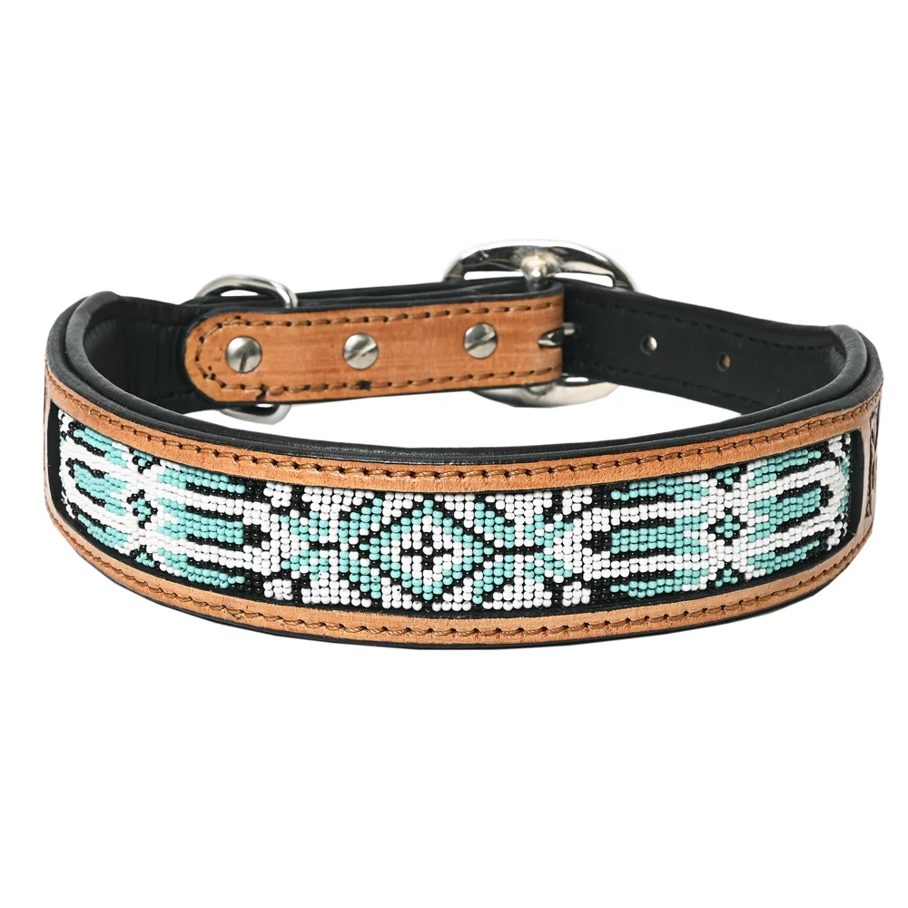Hilason Beaded Hand Tooled Strong Genuine Leather Dog Collar Black/Tan Small