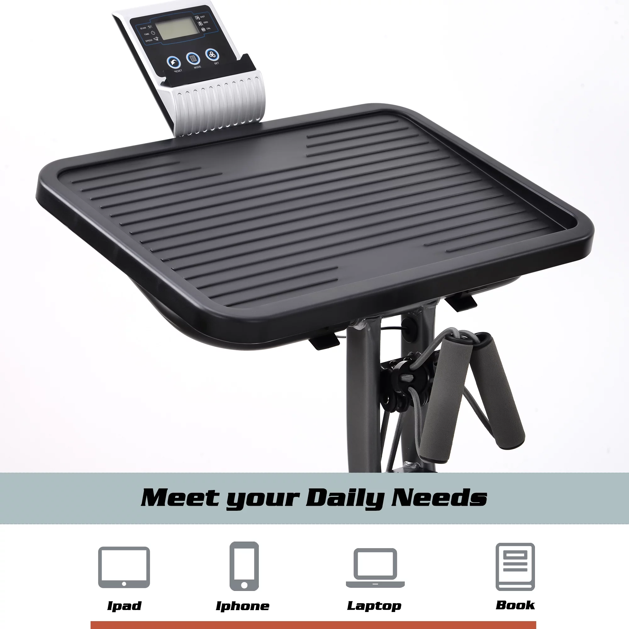 Merax 3 in 1 Exercise Bikes Folding Magnetic Upright Fitness Cycle with Desktop, Arm Resistance Bands and Extra-large Adjustable Seat