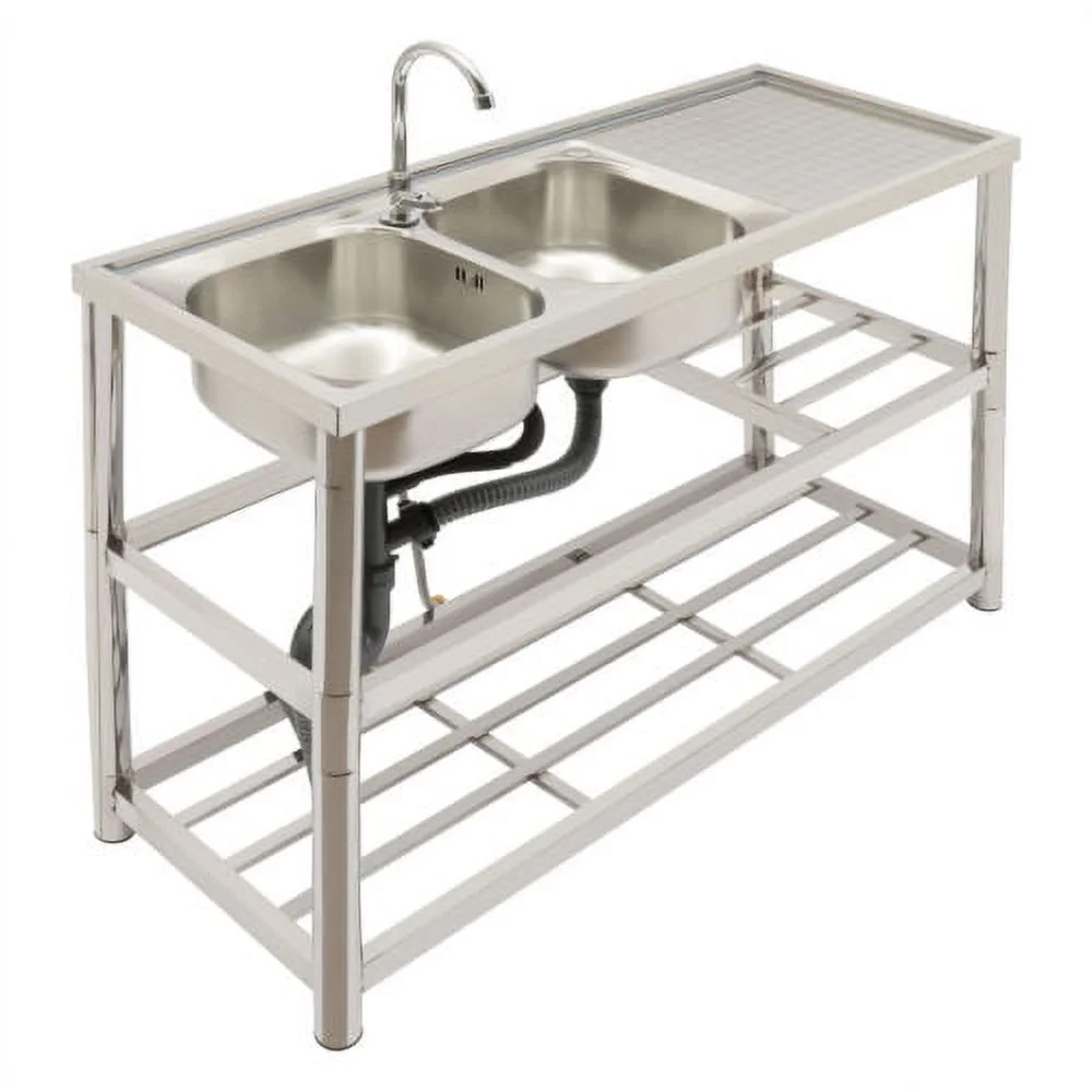 Stainless Steel Commercial Sink Utility Sink 2 Compartment Kitchen w/Prep Table