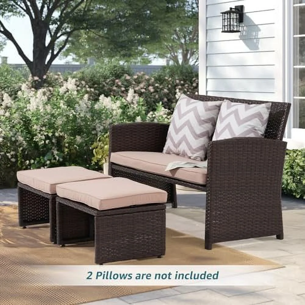 TQJKLFDY Outdoor Loveseat 3 Piece Patio  Set Outdoor Conversation Set All-Weather Wicker Love Seat with Ottoman/  Brown Rattan  Blue