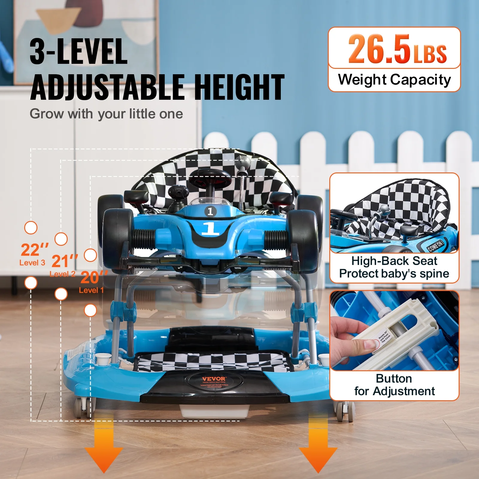 SKYSHALO Baby Walker 4 in 1, Foldable Height Adjustable Baby Walker with Wheels, Infant Toddler Walker with Foot Pads, Anti-Fall Baby Walkers and Activity Center for Boys and Girls 6-24 Months