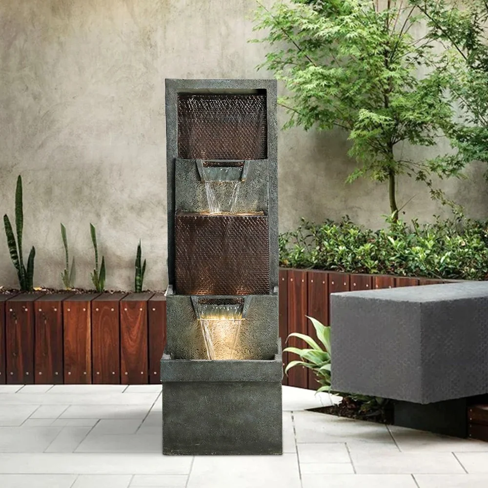 SunJet Modern Indoor Outdoor Waterfall Fountain - 39.3”Tall Relaxing Soothing Outdoor Freestanding Fountains with Lights&Pump
