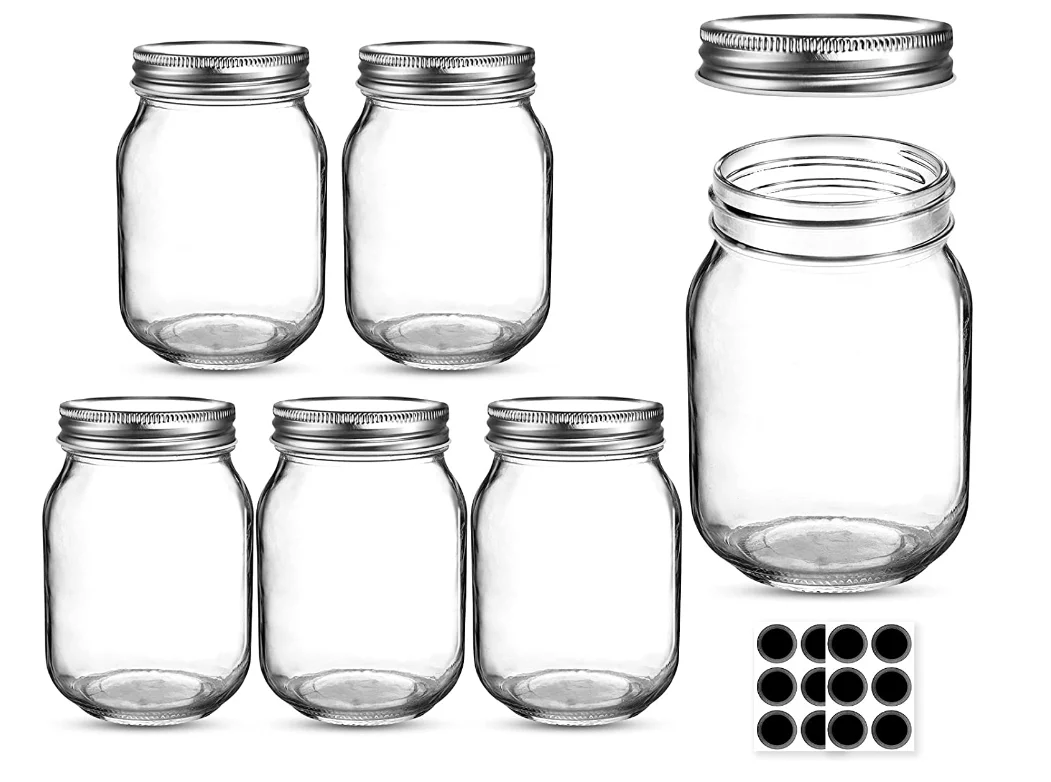 Mason Jars 16 OZ, Glass Regular Mouth Canning Jars with Silver Metal Airtight Lids for Sealing, Canning, Food Storage, 10 PACK