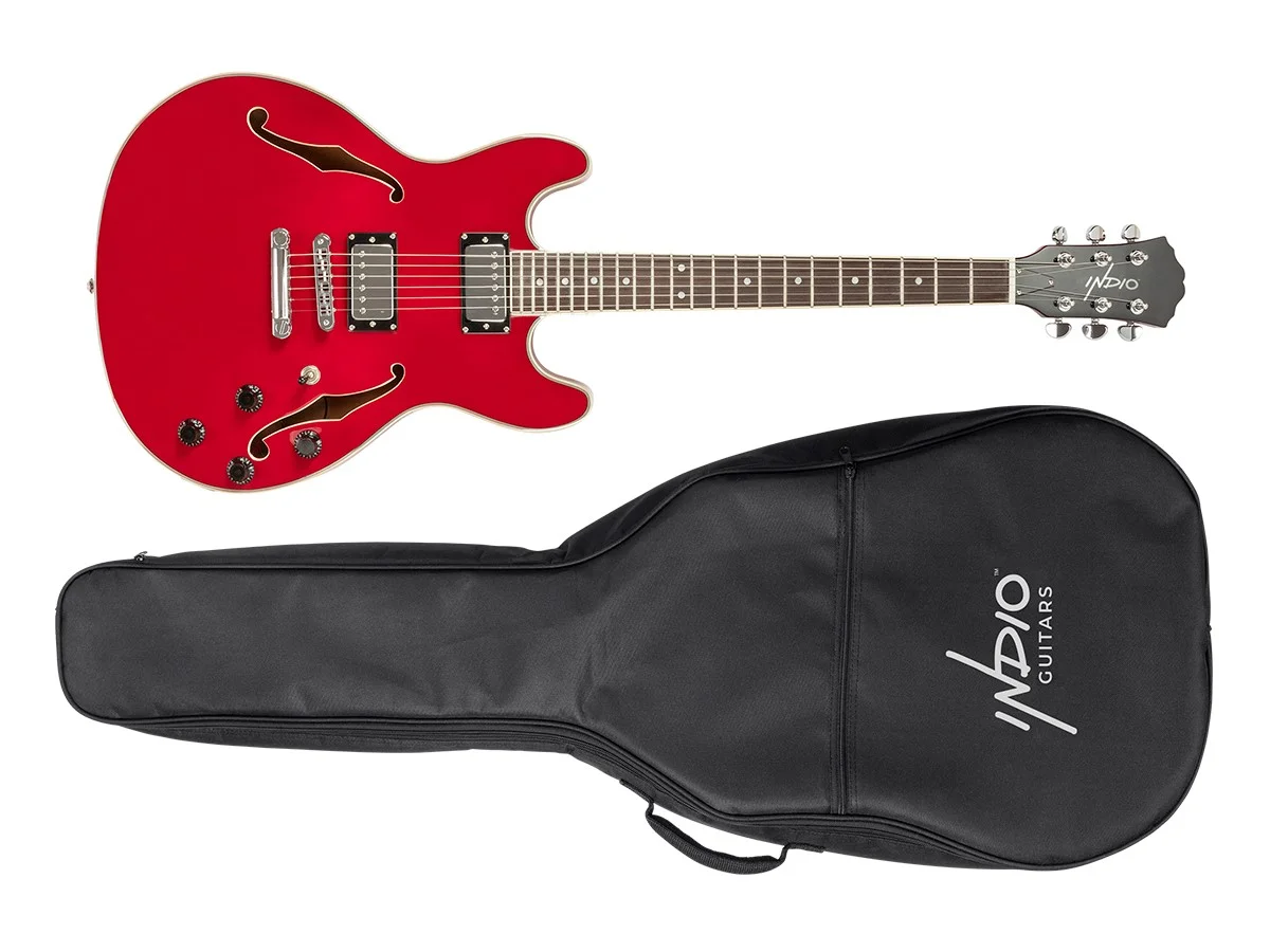 Monoprice Indio Boardwalk Hollow Body Electric Guitar - Trans Red, With Gig Bag