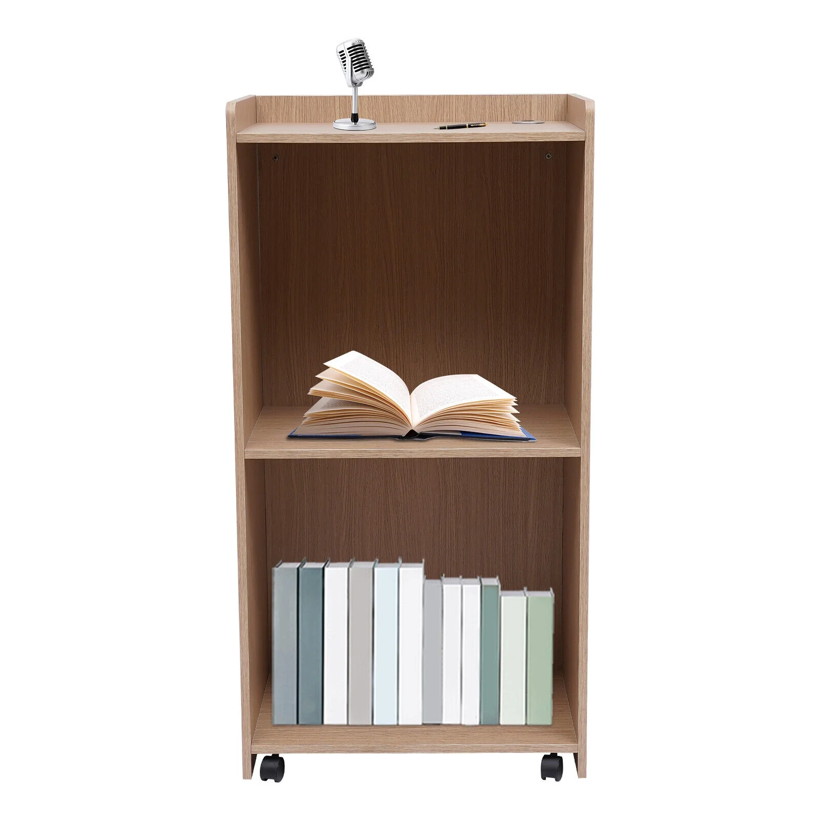 SHZICMY Mobile Podium Wooden Floor Standing Stand Speaking Lectern with Shelf & Wheels for Office Conference Room Oak