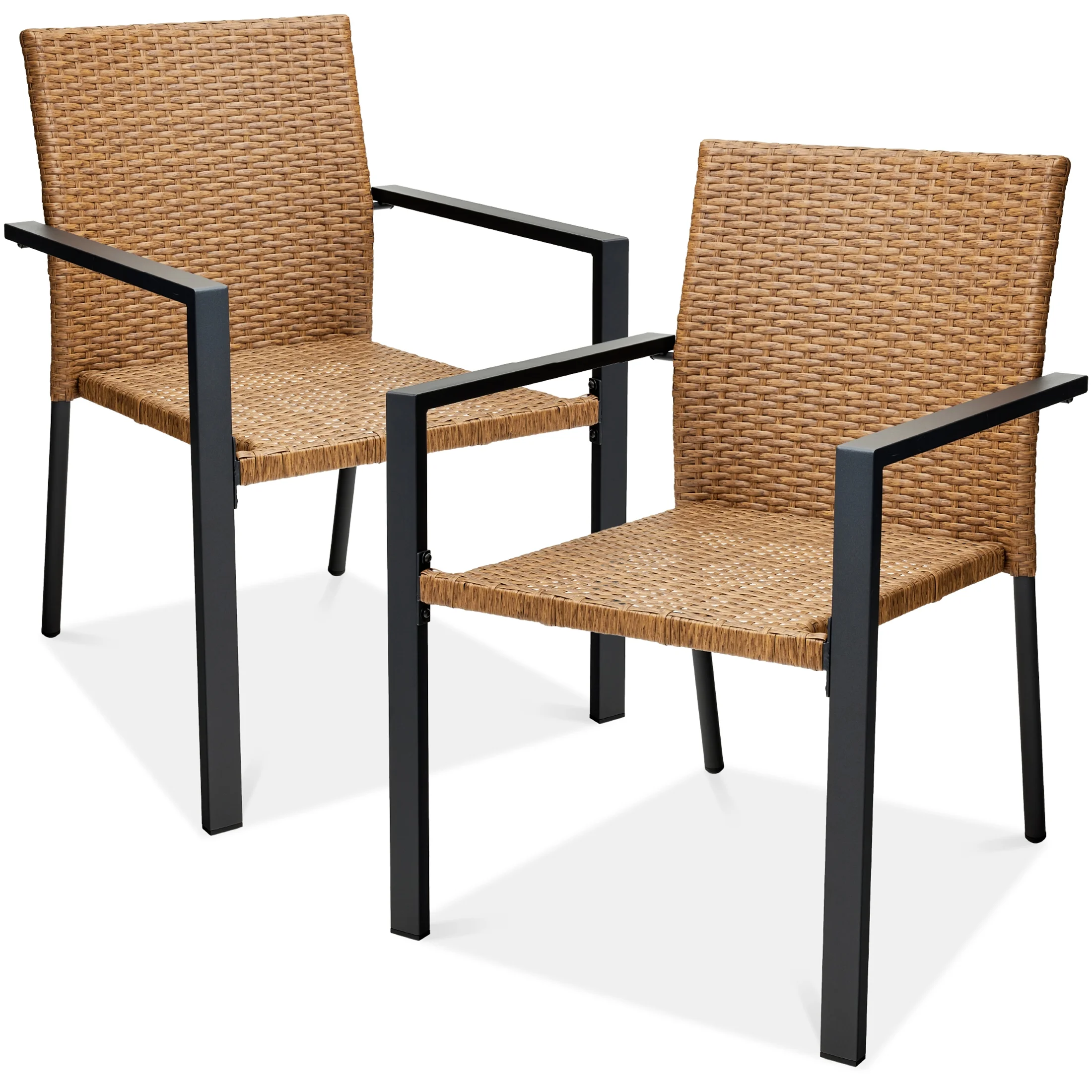 Best Choice Products Set of 2 Wicker Chairs, Stackable Outdoor Dining Furniture w/ Armrests - Natural