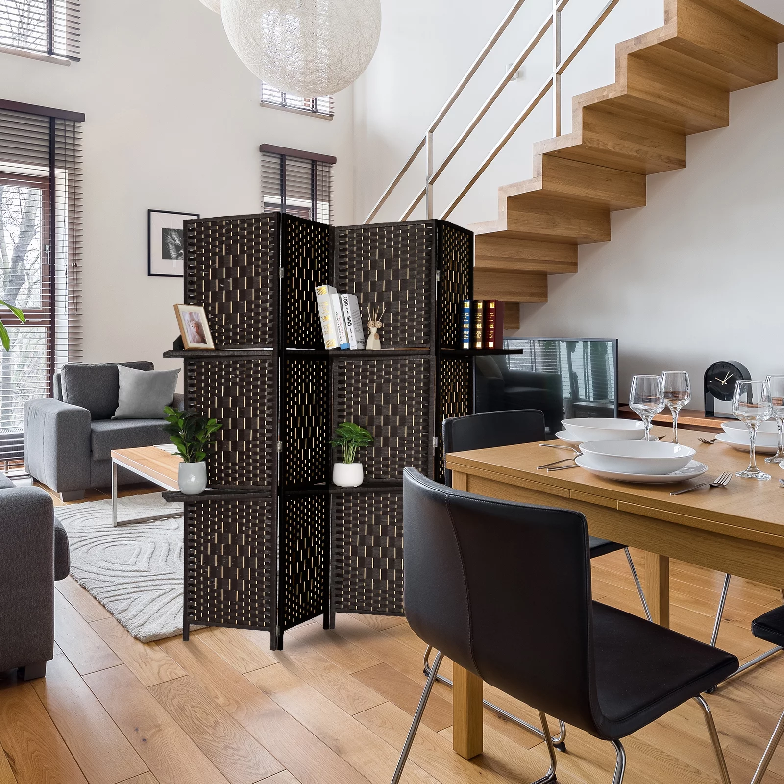 Bonnlo 6ft Tall Rattan Room Divider Folding Privacy Screen with 2 Display Shelves (4 Panels)