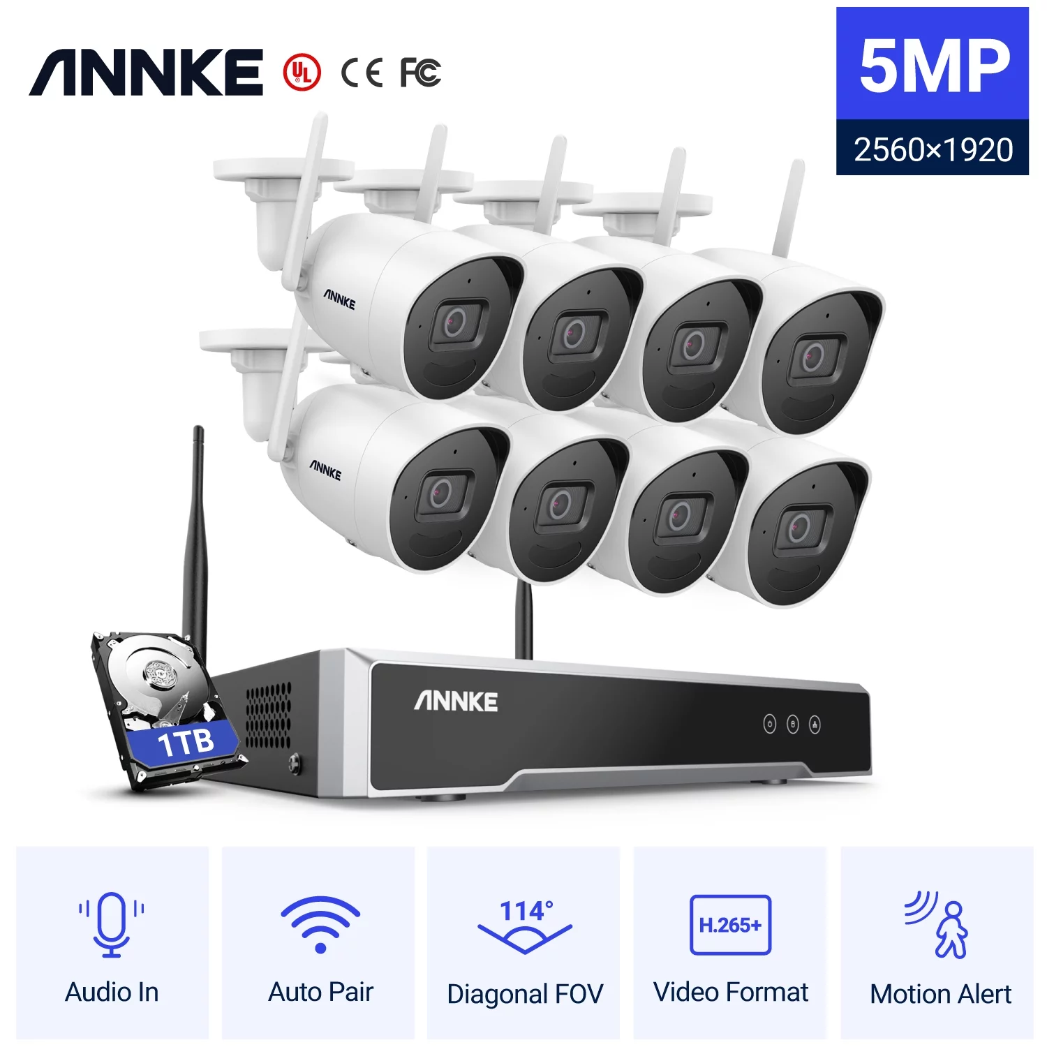 ANNKE 8-channel NVR IP Video Surveillance Kit with 8pcs 5MP Cameras 100 ft Night Vision, Audio Record,Indoor & Outdoor WiFi Surveillance,1TB Hard Drive