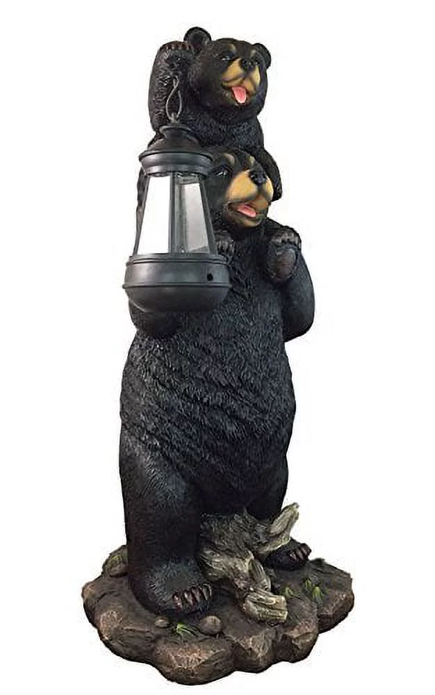 Rustic Black Bear Carrying Cub On Shoulder Family Statue Solar LED Lantern Light