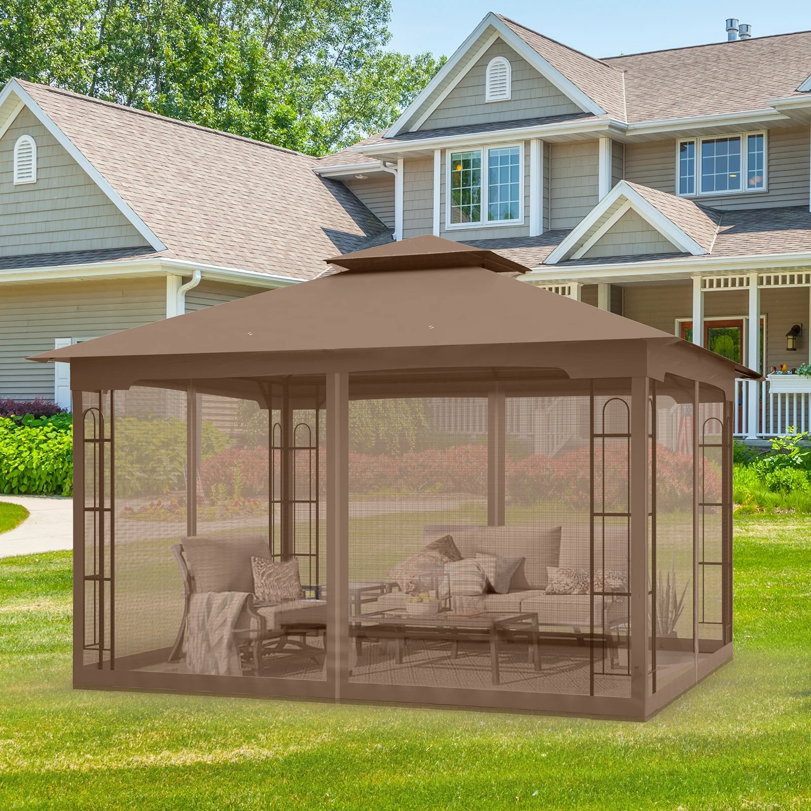 EAGLE PEAK 13 ft. W x 11 ft. D Double Roof Outdoor Patio Gazebo with Mosquito Net,Brown
