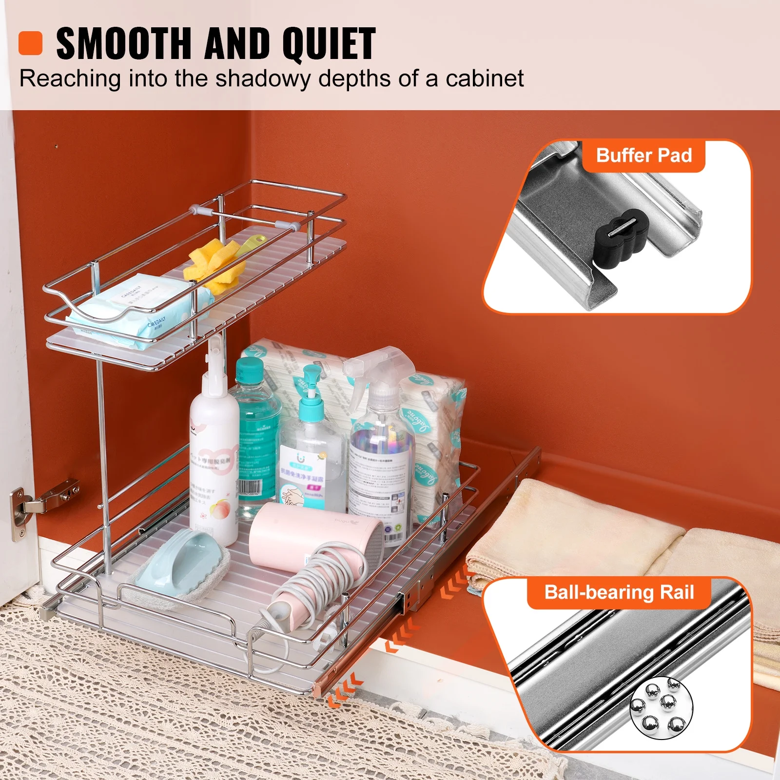 SKYSHALO 12x17 inch Drawer Basket 2-Tier Wire Pull Out Cabinet Under Sink Organizer