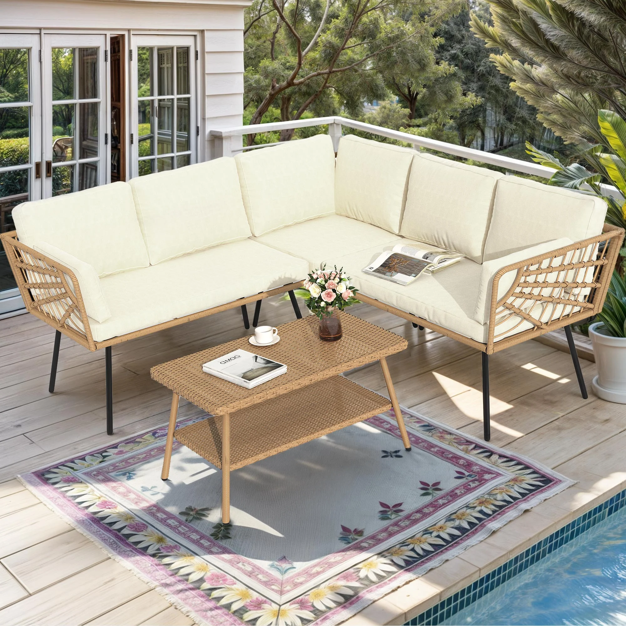 ModFushion Outdoor Indoor 795lb Capacity 4-Piece Bohemian Wicker Sofa Furniture Set, 5 Seats Boho Chic L-Shaped Conversation Sofa with Beige Cushion & 2-tier PE Rattan Side/Center Coffee Table