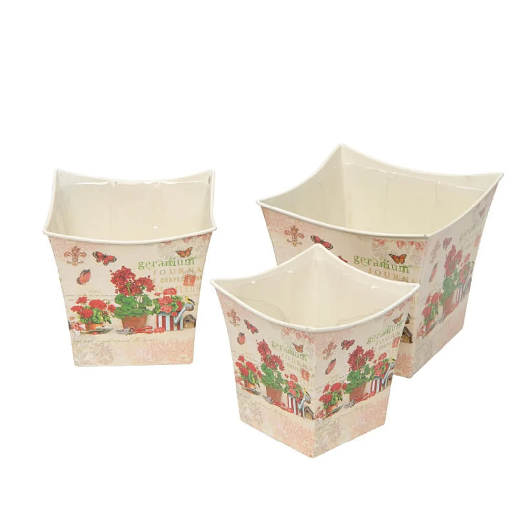 3 Piece Red Geranium Print Tin Square Planter Set - For Spring Floral Arrangements, Centerpieces and Home Decor