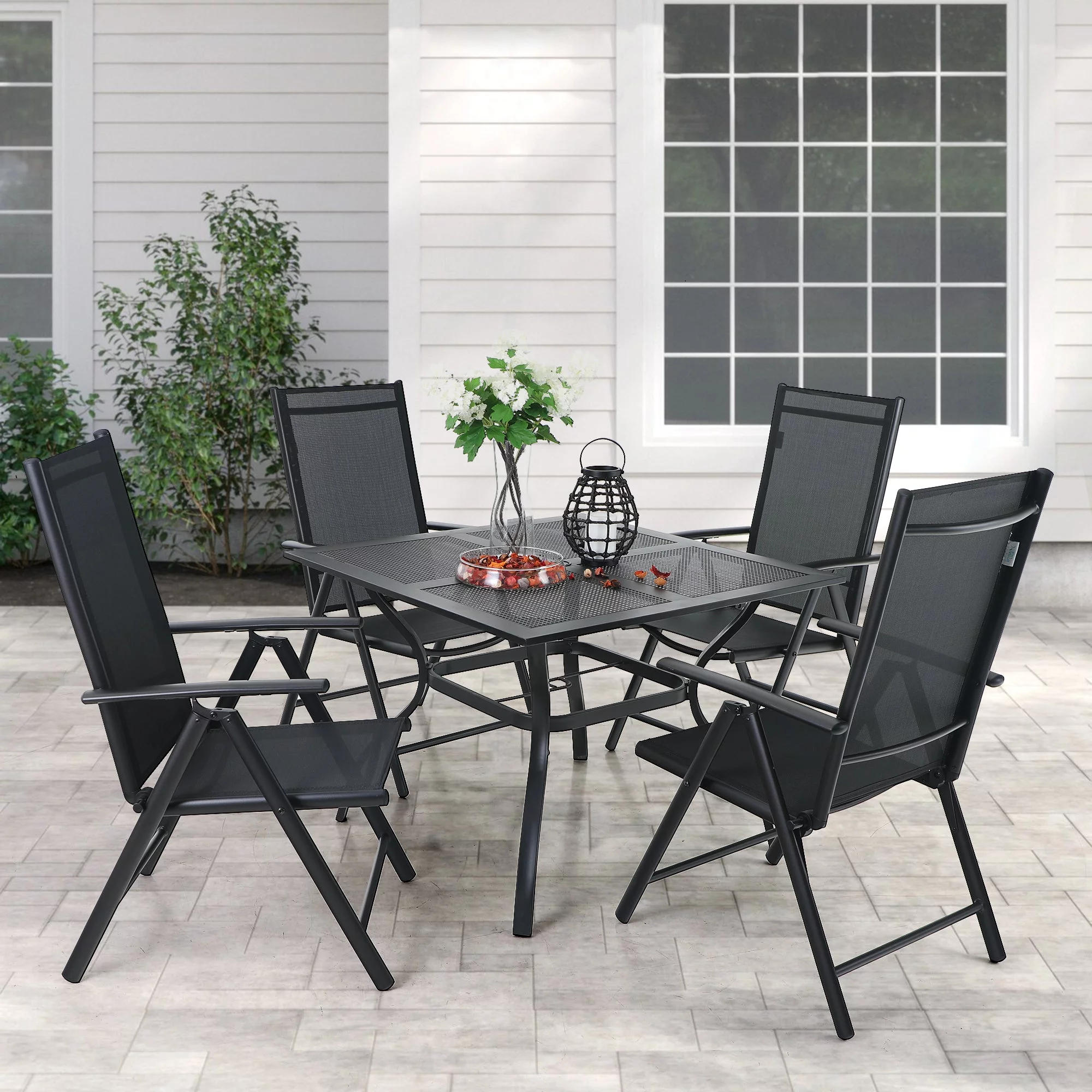 MF Studio 5-Piece Outdoor Patio Aluminum Folding Dining Set Modern Furniture with 7-Level Adjustable Textilene Chairs&Square Table, Black
