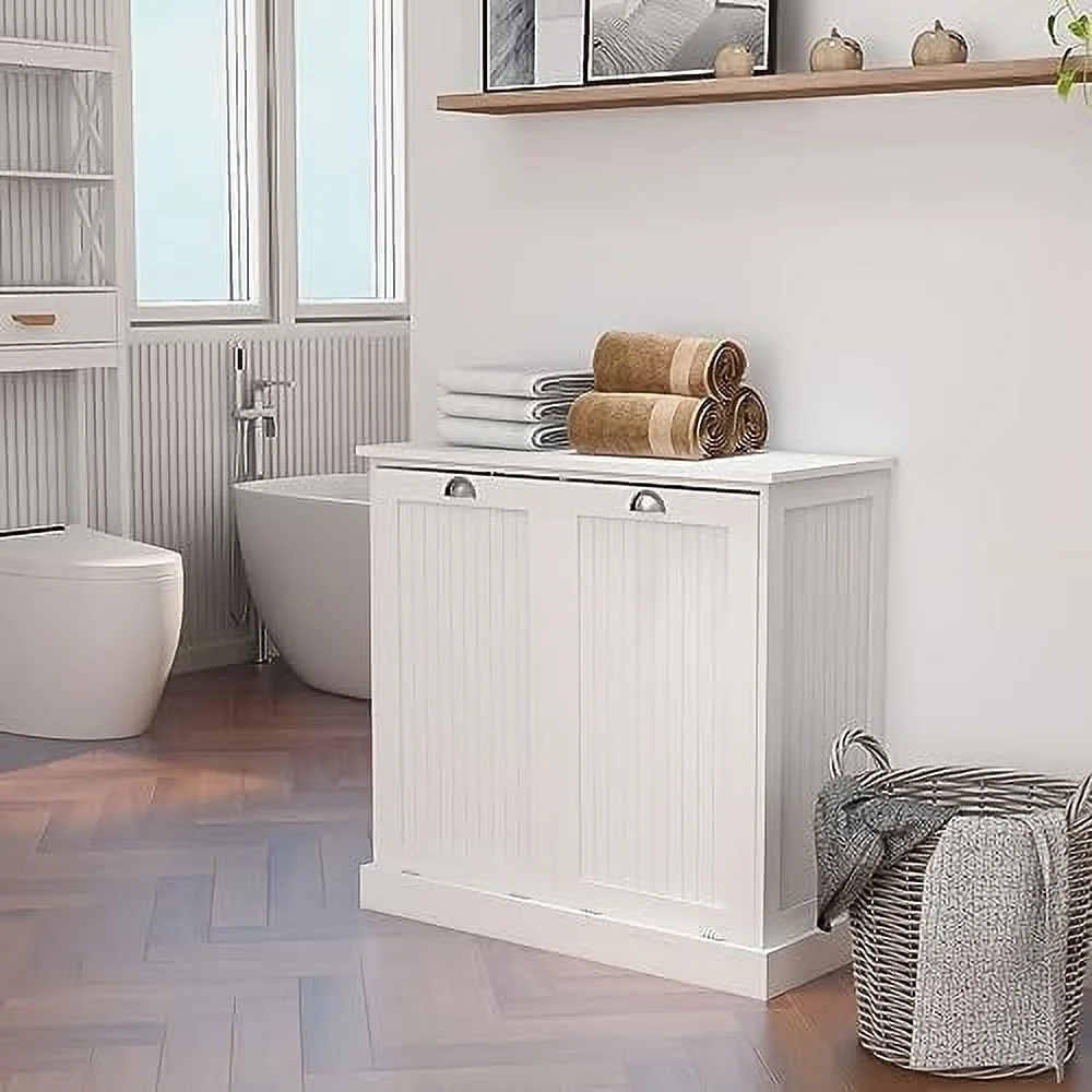 xrboomlife Double Tilt Out Trash Cabinet White Free Standing Laundry Sorter Cabinet with Removable Two-Compartment Tilt-Out Hamper Clothes Basket