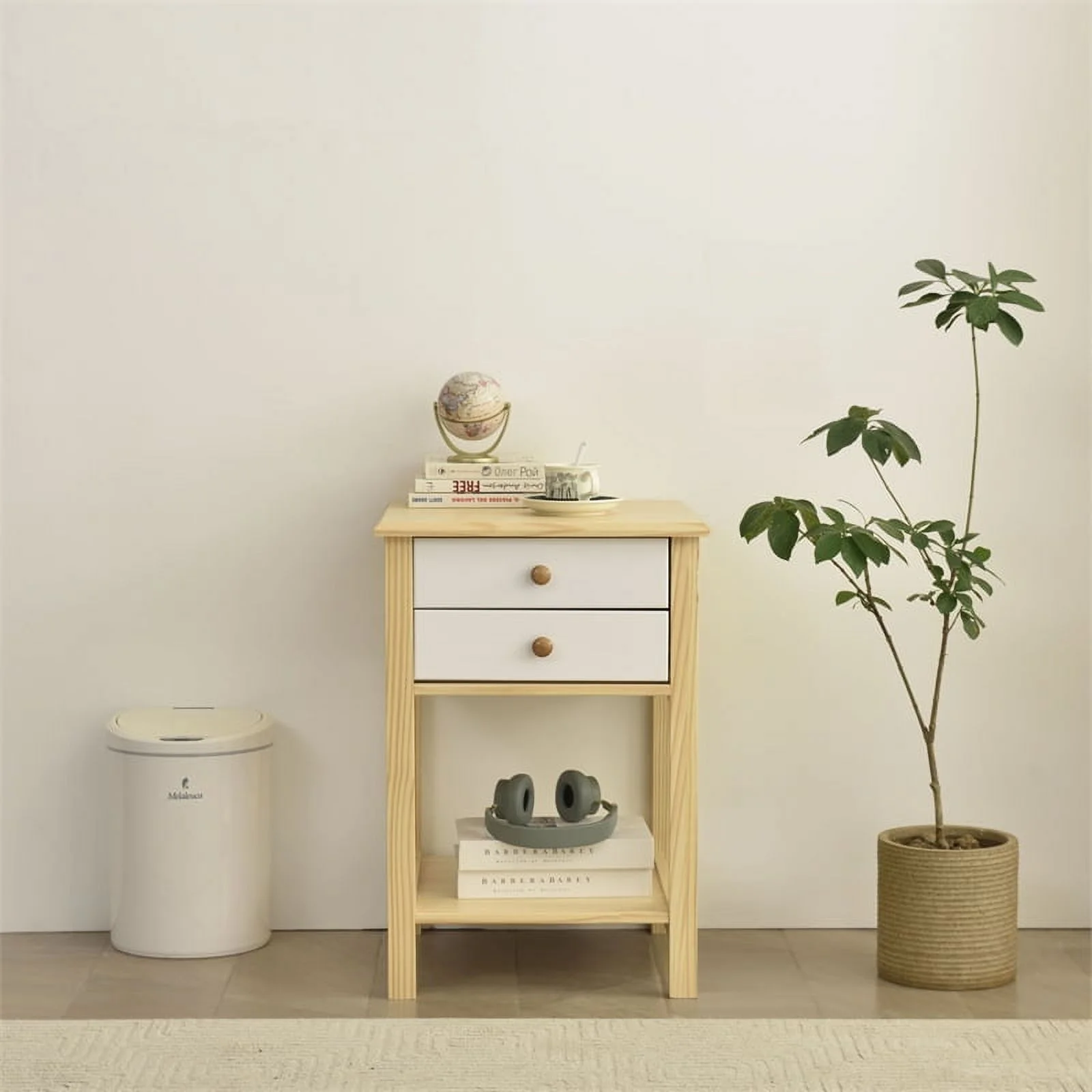Home Square Solid Pine Wood 2 Drawer Nightstand in White & Natural - Set of 2