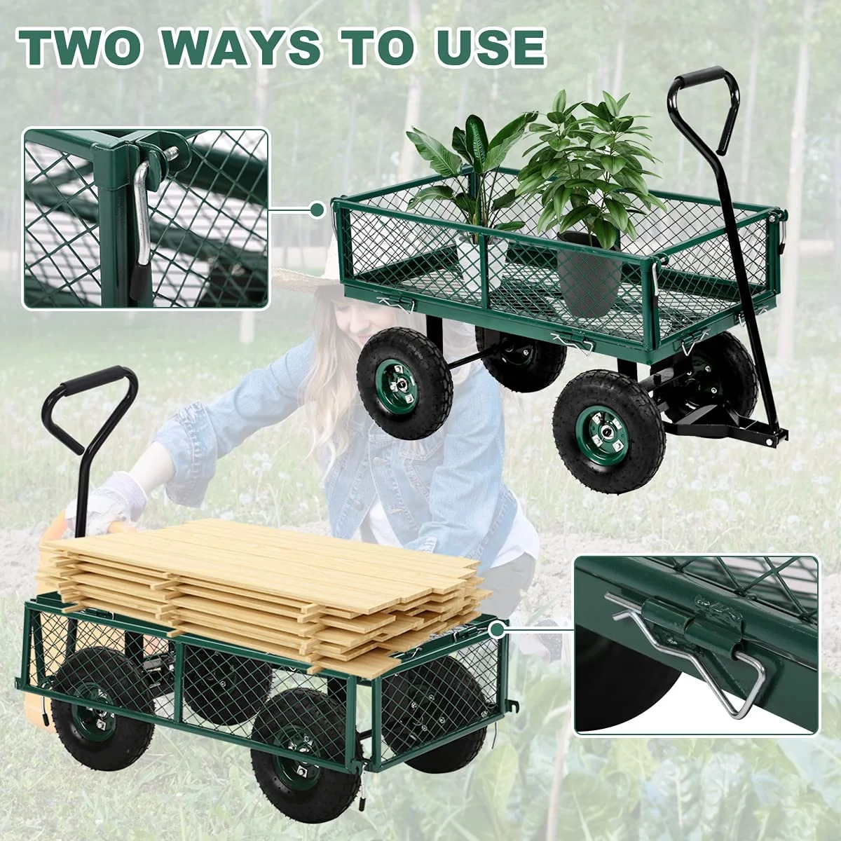 Garden Carts Yard Wagon Heavy Duty Utility Wagon with Mesh Steel Frame & 11