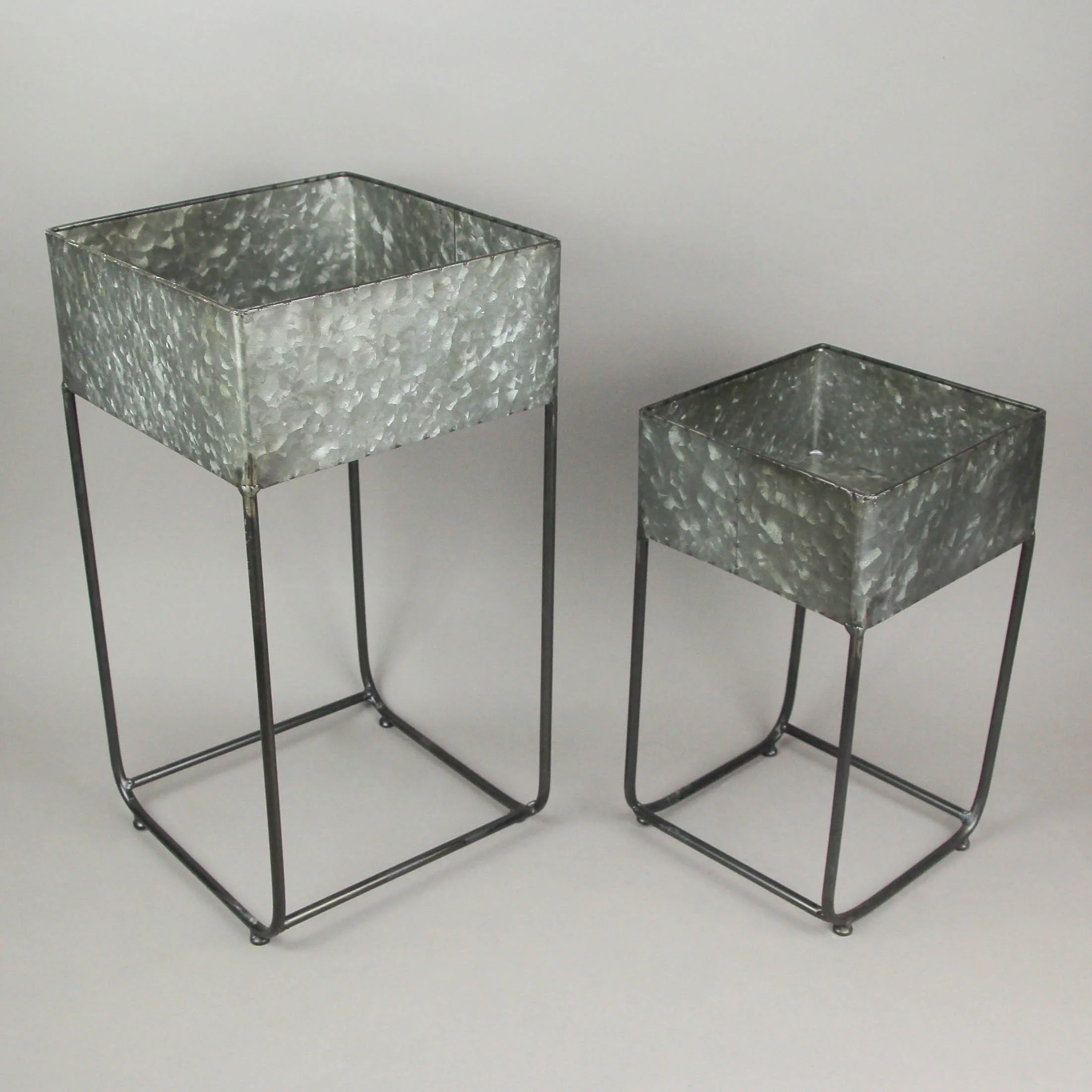 Zeckos Galvanized Zinc Finish Metal Square Planters on Stands Set of 2